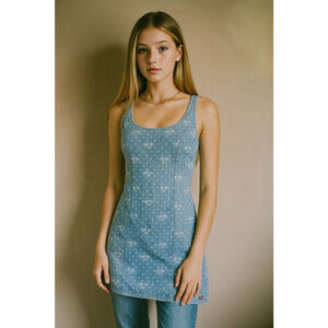 Hollister Denim Mini Dress All Over Logo y2k Size 1 Blue White Palm Tree Print